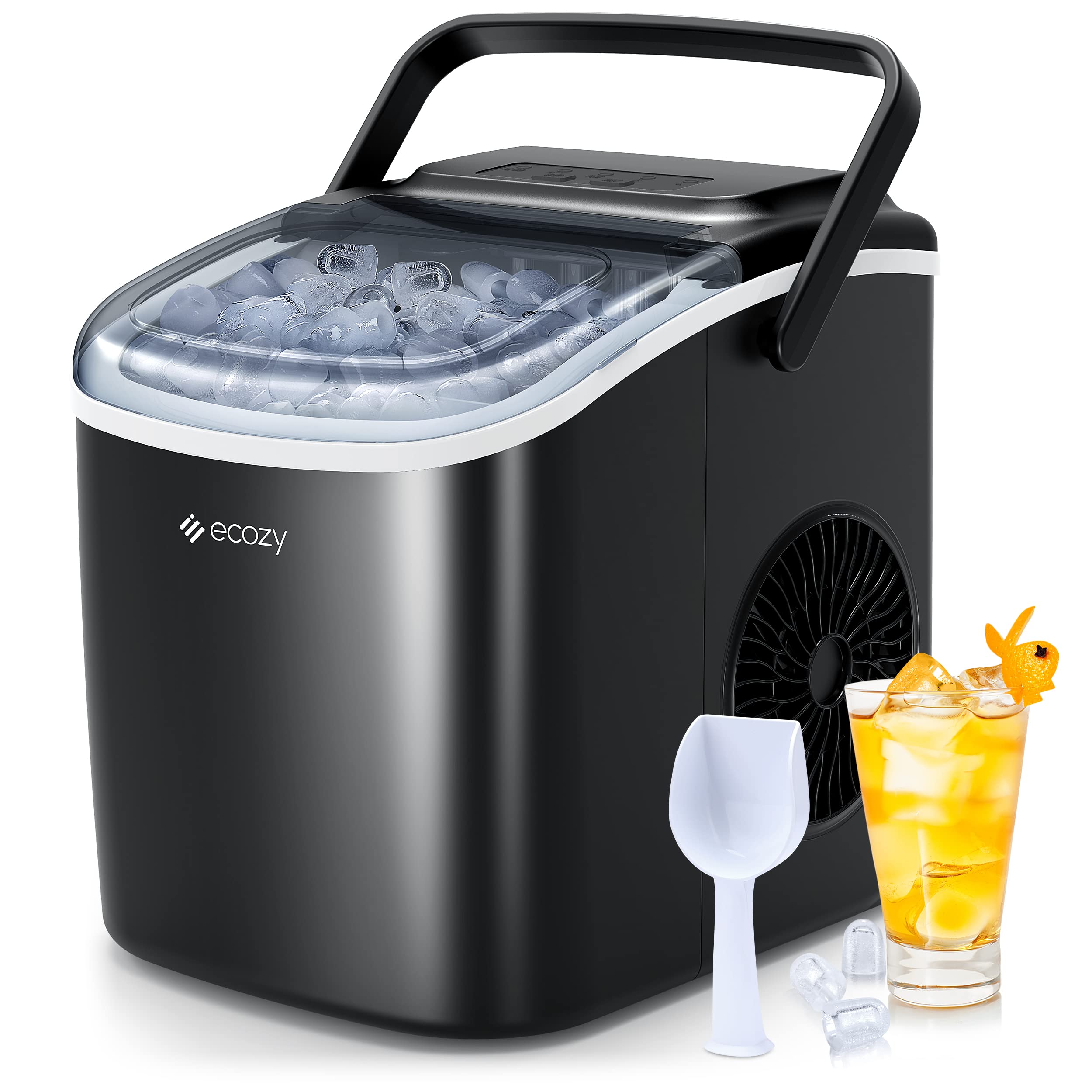 ecozy Portable Countertop Ice Maker - 9 Ice Cubes in 6 Minutes, 26 lbs Daily Output, Self-Cleaning with Ice Bags, Scoop, and Basket for Kitchen, Office, Bar, Party - Black