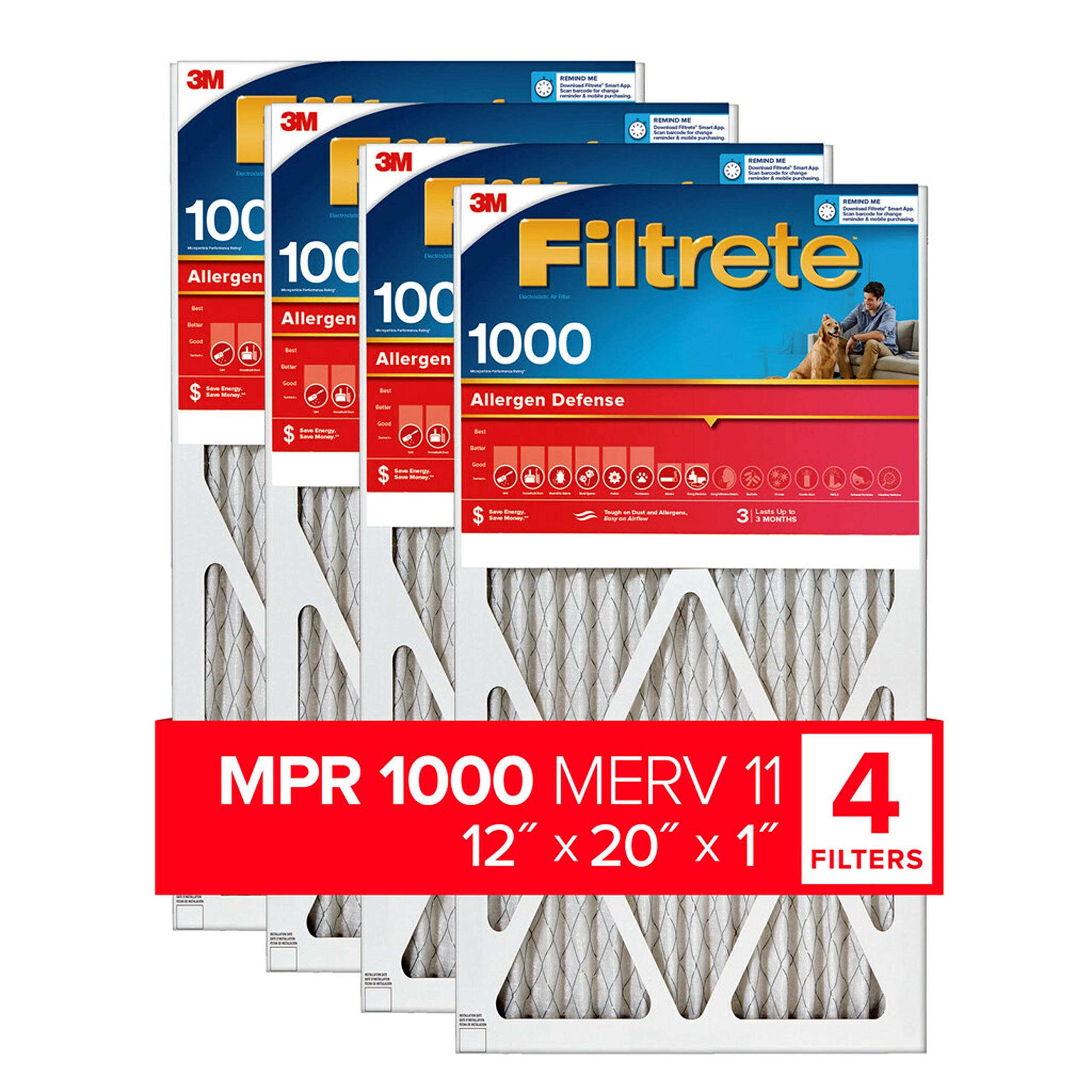 Filtrete 12x20x1 Air Filter, MPR 1000, MERV 11, Micro Allergen Defense 3-Month Pleated 1-Inch Air Filters, 4 Filters