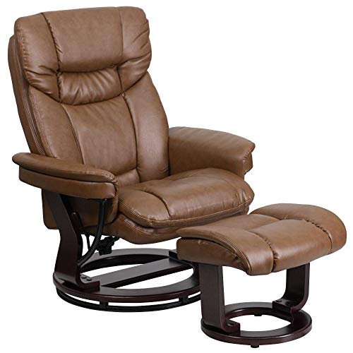 Flash Furniture Contemporary Multi-Position Recliner and Curved Ottoman with Swivel Mahogany Wood Base in Palimino Leather