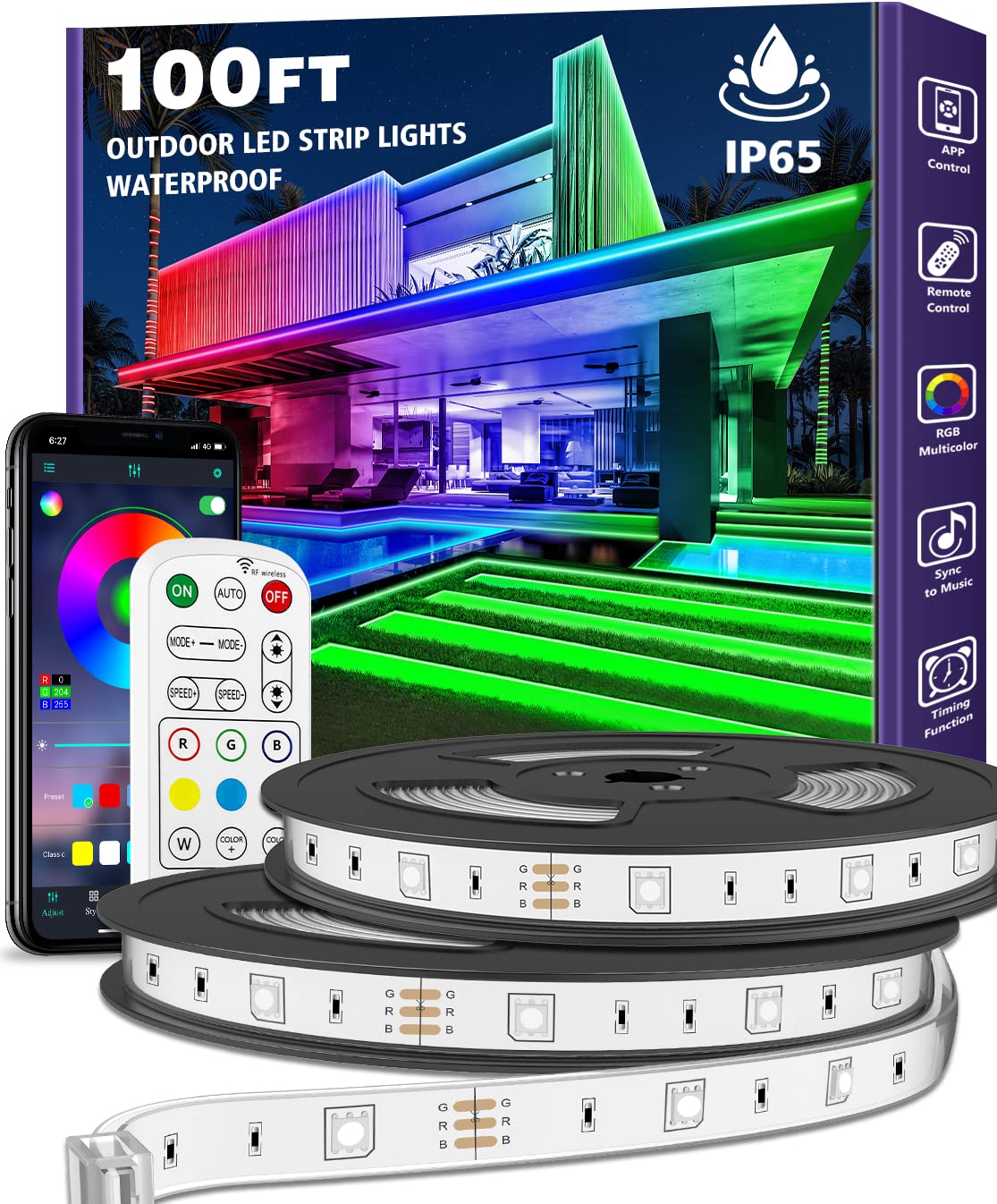 AILBTON Outdoor LED Strip Lights Waterproof,IP65 Outside Led Light Strips Waterproof with Bluetooth App Remote Control ,Music Sync RGB Exterior Led Rope Lights,for Balcony,Deck,Roof,Garden,Pool